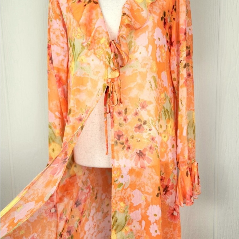 Wild Fable Sheer Orange Floral Ruffle Duster Top Women's Size Medium